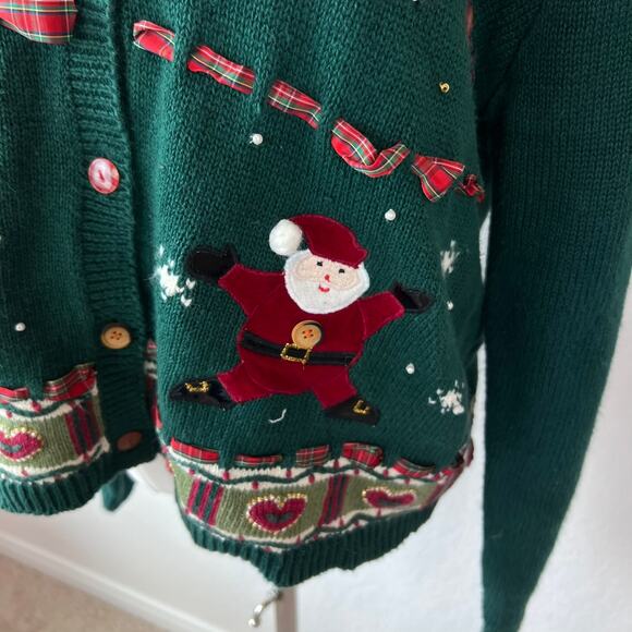 Vintage 90s Christmas Button Up Cardigan Sweater Santa Hearts Green Medium - Picture 4 of 9
